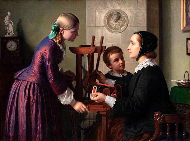 En husmoder ved sin båndvæv, taler med to børn. 1859 af Constantin Hansen. Statens Museum for Kunst